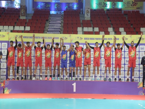 Jammu & Kashmir volleyball team at podium after winning KIYG 2025 gold (Image: SAI media)