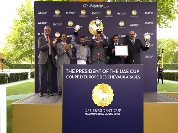 Luwsail, ridden by Faleh Bughenaim, wins the Gr1 title at the UAE President’s Cup in ParisLongchamp. (Photo: WAM)
