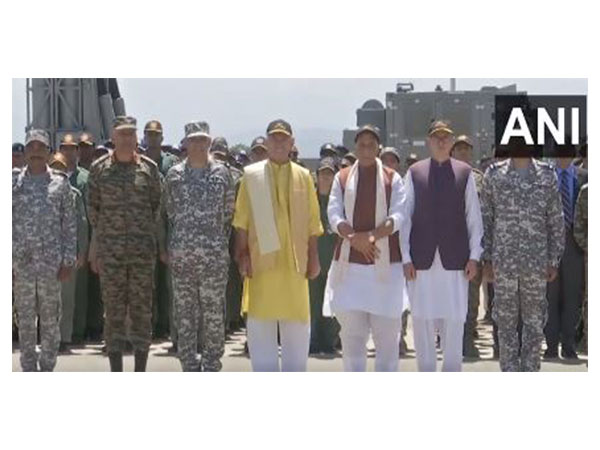 Defence Minister Rajnath Singh meets IAF jawans at Srinagar air base (Photo/ANI)