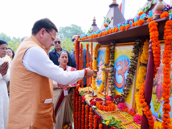 Uttarakhand CM Dhami participating in hostel's foundation stone-laying program at Saraswati Vidya Mandir (Photo/ANI) 