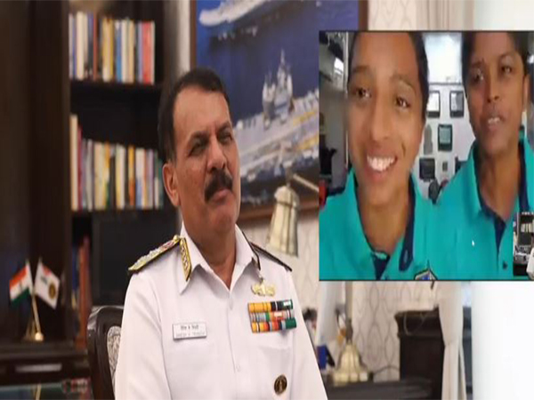 Navy Chief Admiral Dinesh K Tripathi interacts with crew of Navika Sagar Parikrama II (Photo/x/@indiannavy)