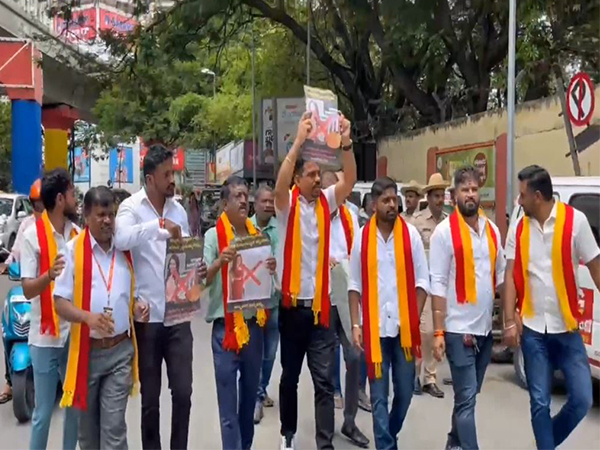Workers of Pro Kannada organisations stage protest demanding removal of Tammannah Bhatia as KSDL ambassador (Photo/ANI) 