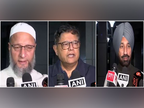 AIMIM MP Asaduddin Owaisi (left), MP Baijayant Panda (centre), Satnam Singh Sandhu (right) (Photos/ ANI)