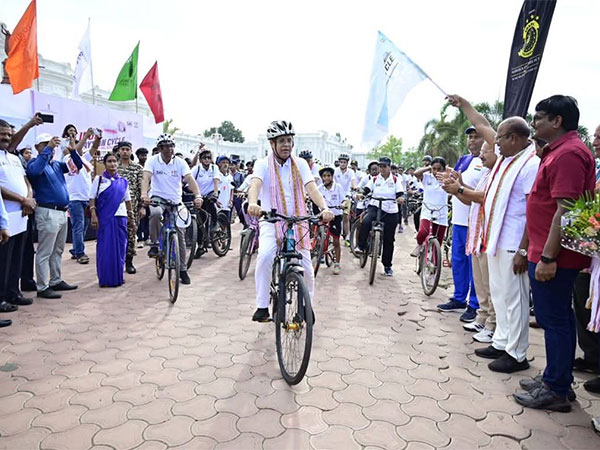 Governor Indra Sena Reddy Nallu joins cycling event at Ujjayanta palace to encourage fitness (Photo/ANI) Governor Indra Sena Reddy Nallu joins cycling event at Ujjayanta palace to encourage fitness (Photo/ANI)
