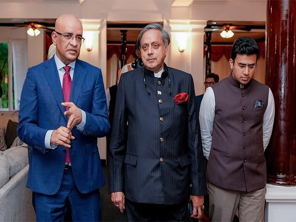Dr Shashi Tharoor and MP Tejasvi Surya in discussion with Guyana Vice President Bharrat Jagdeo (Image: X @Offtejasvisurya)