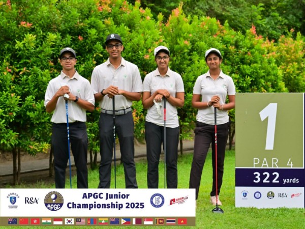 Indian team members Ranveer Mitroo (left to right), Krish Chawla, Kashika Mishra and Saanvi Somu during practice round for APGC Junior Championship in Hong Kong (Image: IGU)