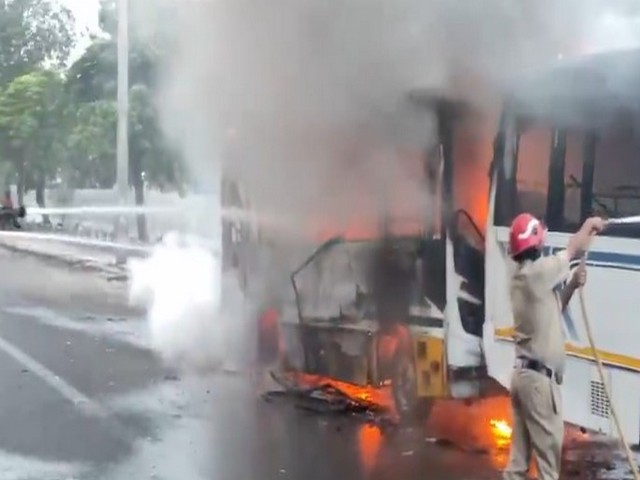 A fire broke out in two buses on Pankha Road in the Janakpuri area of Delhi. (Photo/ANI)