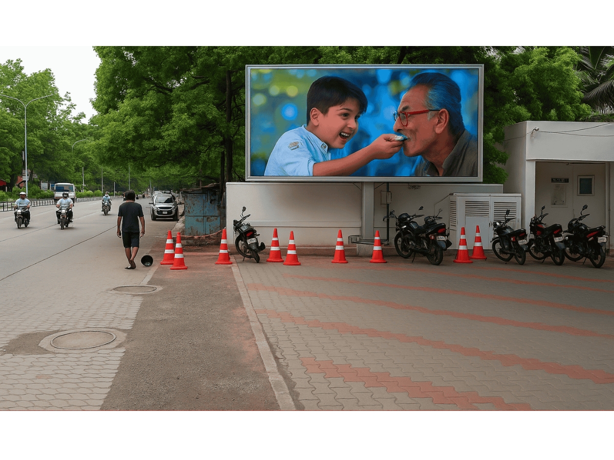A high-traffic DOOH screen in Vasai-Virar displays vibrant ads, symbolising how strategic digital billboards can turn capital into passive, secure monthly income in India's urban growth zones.