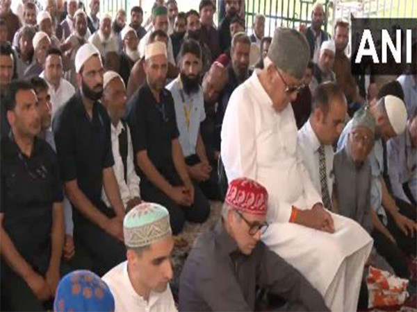 J-K CM Omar Abdullah and NC Chief Farooq Abdullah offer prayers on the occasion of Eid al-Adha at Hazratbal Dargah (Photo/ANI)
