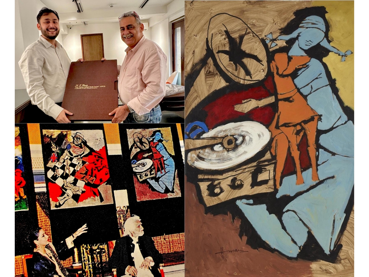 Abeer Vivek Abrol presenting the book of “Our Planet Called Earth” to Dadiba Pundole of Pundoles Auction and M F Husain Saab and Shabana Azmi with the art purchased in the background