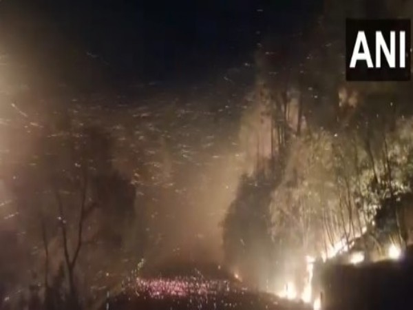 A massive forest fire continues to rage in the Bhaga village area near NH-144A in J&K's Reasi (Photo/ANI)