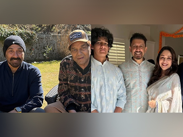 Sunny Deol with Dharmendra, Madhuri Dixit, Dr. Shriram Nene with son (Image source: Instagram )