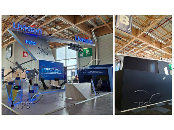 Before and after photos at the Paris Air Show, where organizers partitioned Israeli arms exhibitions on June 16, 2025. (Photo by Israeli Defence Ministry/TPS-IL)