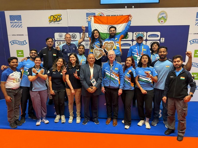 A jubilant Indian rifle squad celebrate Arya Borse and Arjun Babuta's mixed team air rifle gold in Munich (Image: NRAI)