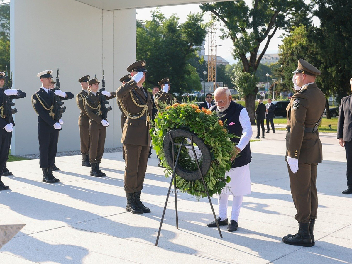 PM Modi pays tribute at Zagreb’s Monument to the Homeland (Image: X @narendramodi)