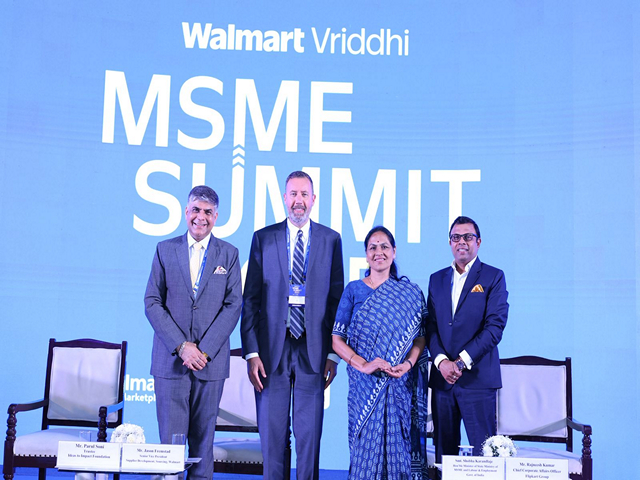 Left to Right_ Parul Soni, Trustee, Ideas to Impact Foundation; Jason Fremstad, Senior Vice President – Supplier Development, Walmart Sourcing; Shobha Karandlaje - Minister of State for Ministry of Labour and Employment, Government of India and Rajneesh Kumar, Chief Corporate Affairs Officer, Flipkart Group (Photo/ANI)