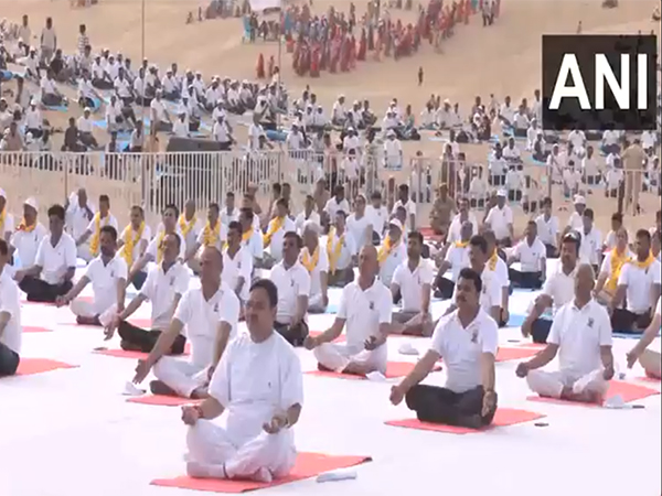 Rajasthan CM Bhajanlal Sharma performs yoga in Jaisalmer (Photo: ANI) 