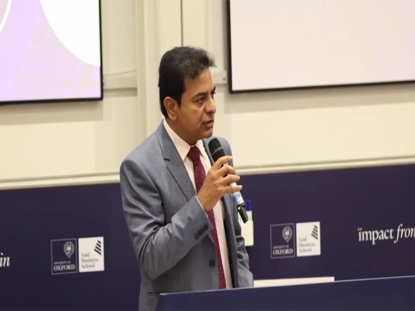 BRS Working President KT Rama Rao at Oxford India Forum in the UK. (Photo/ANI)