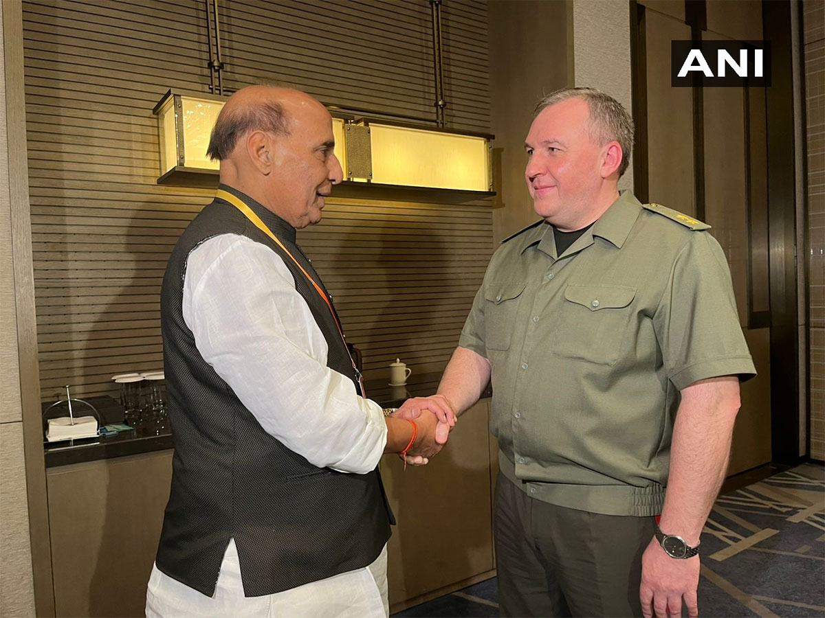 Defence Minister Rajnath Singh with Belarus Defence Minister Lieutenant General VG Khrenin during the SCO Defence Ministers’ Meeting in Qingdao, China (Photo/ANI)