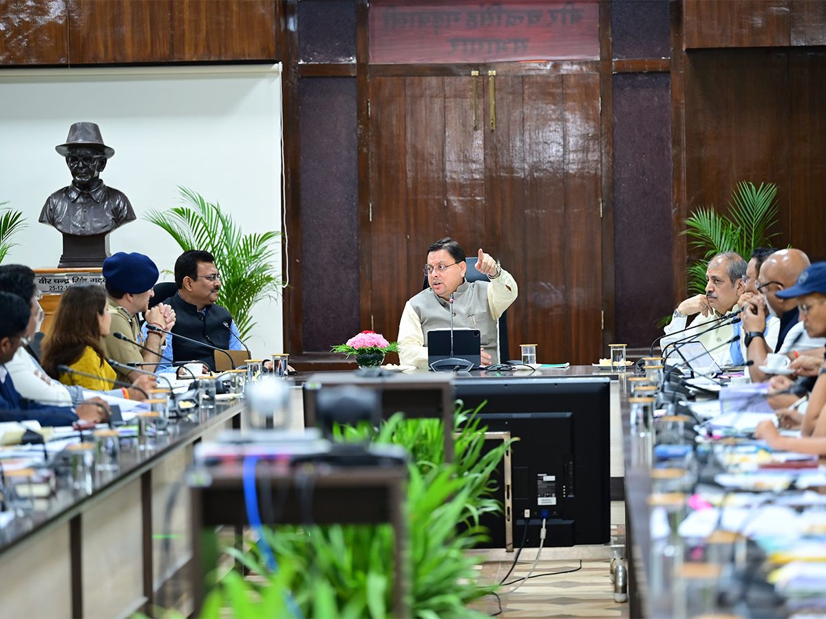 Uttarakhand Chief Minister Pushkar Singh Dhami during a meeting with officials on Thursday. (Photo/ANI)