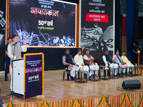 Uttarakhand CM Dhami in the Samman Program for Democracy Fighters on Thursday. (Photo/ANI)