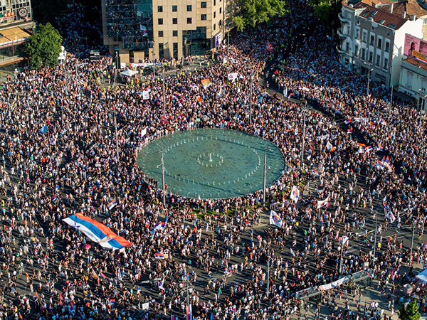 A drone view shows Serbian students and other demonstrators participating in an anti-government protest demanding snap elections at the Slavija square, in Belgrade, Serbia (Image/Reuters)