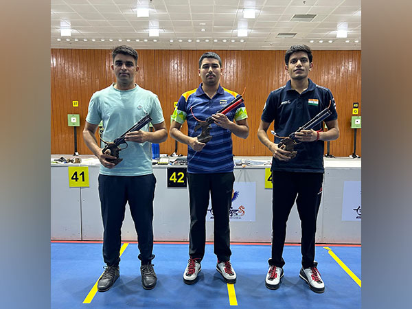 Saurabh Chaudhary (In centre) after finishing on top of T4 of 10m Pistol of National Selection Trials (Image: NRAI)