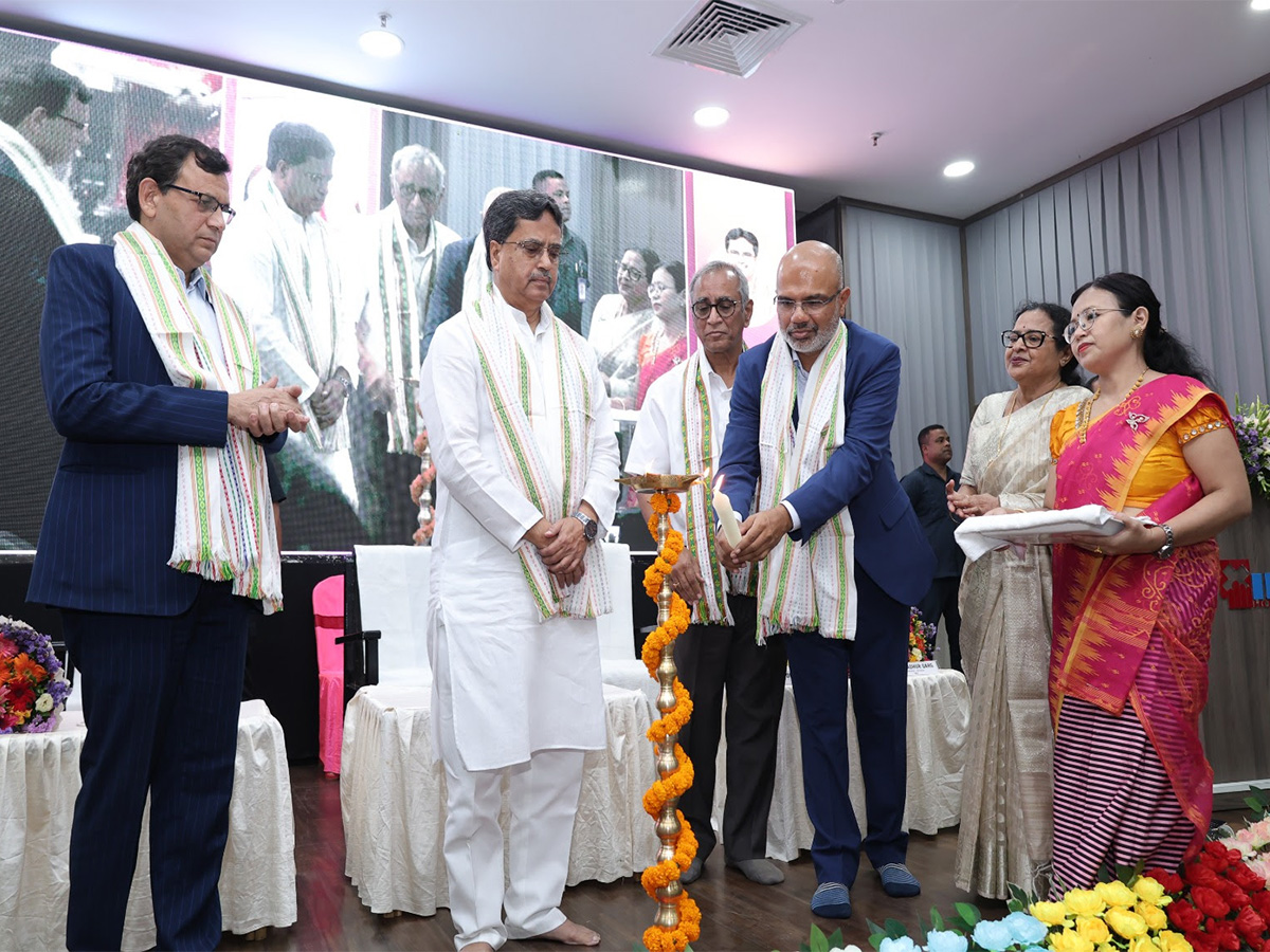 Hon CM Dr. Manik Saha, Dr. Madhur Garg, and Dr. Pramod inaugurate the International Oncology Institute in Agartala, lighting the diya