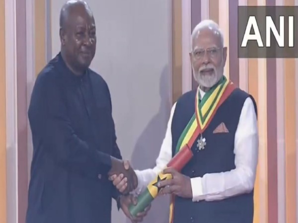 Prime Minister Narendra Modi on Wednesday (local time) conferred the national honour of Ghana – Officer of the Order of the Star of Ghana – by its President, John Dramani Mahama (Photo/ANI)