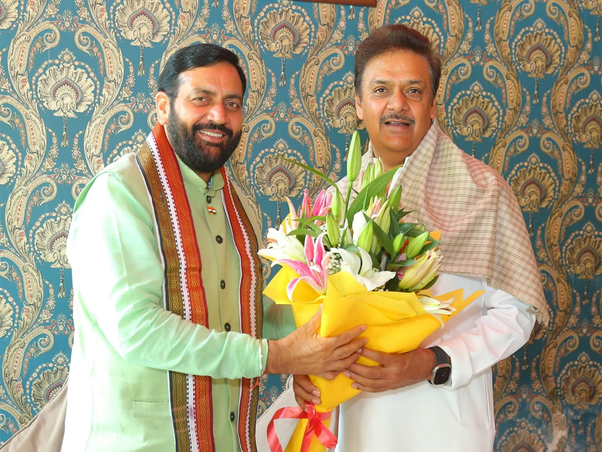 Nayab Singh Saini visits to State Co-incharge Surendra Singh Nagar at his residence in Delhi. (Photo/ANI)