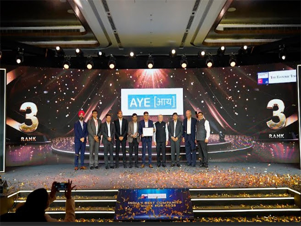 Sanjay Sharma, MD; Krishan Gopal, CFO; and Ankur Sharma, Head – HR; receiving the Great Place to Work® certification on behalf of Aye Finance