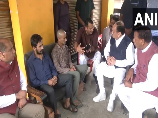 Union Minister JP Nadda meets people affected by cloudburst and heavy rains in Mandi (Photo/ANI)