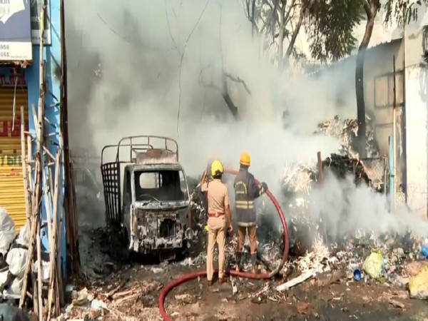 Firefighters douse flames at paper godown in Madurai (Photo/ANI) Firefighters douse flames at paper godown in Madurai (Photo/ANI)