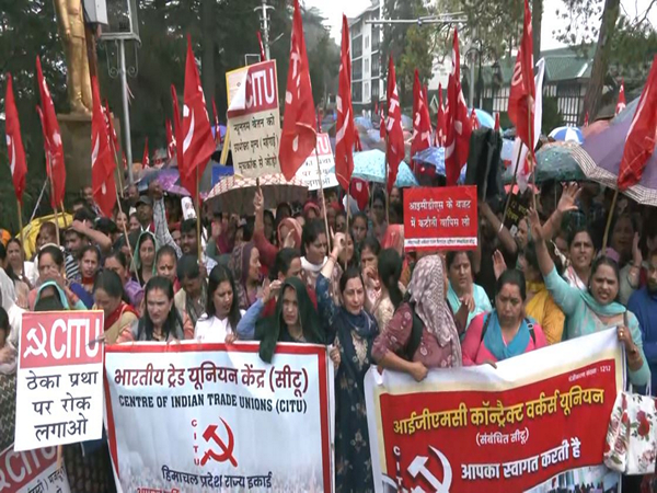 Nationwide strike called by central trade unions and farmer organisations, workers across Himachal Pradesh join protests. (Photo/ANI) Nationwide strike called by central trade unions and farmer organisations, workers across Himachal Pradesh join protests. (Photo/ANI)