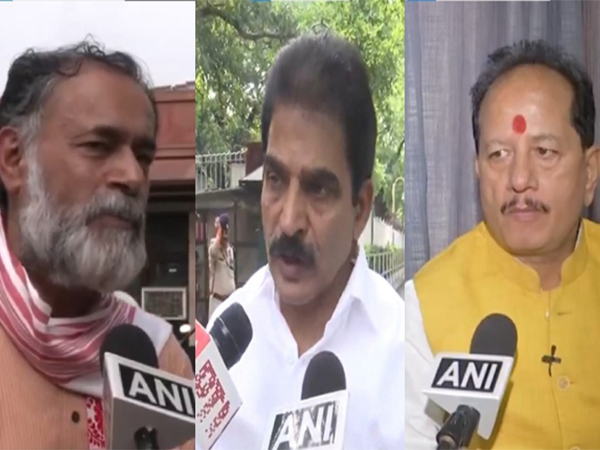 Swaraj Party leader Yogendra Yadav (L), Congress leader KC Venugopal (C) and Bihar Deputy CM Vijay Sinha (R)