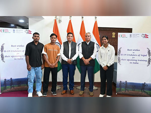 Nepali U-19 cricketers Naren Bhatta, Sahil Patel, and Puja Mahato meet Indian Ambassador Naveen Srivastava (Image: X/@IndiaInNepal)