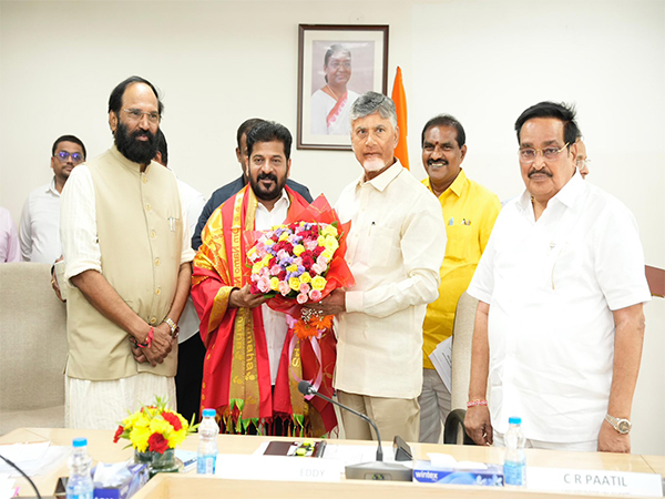 Telangana CM Revanth Reddy with Andhra Pradesh CM Chandrababu Naidu and Union Minister CR Patil (Photo: @revanth_anumulaX)