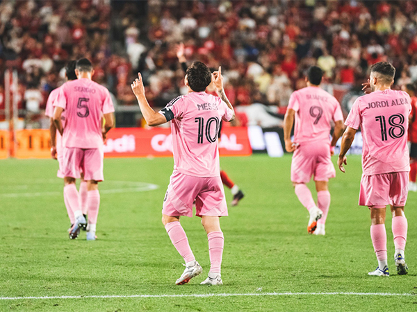 Messi celebrating a goal. (Photo: @InterMiamiCF X)