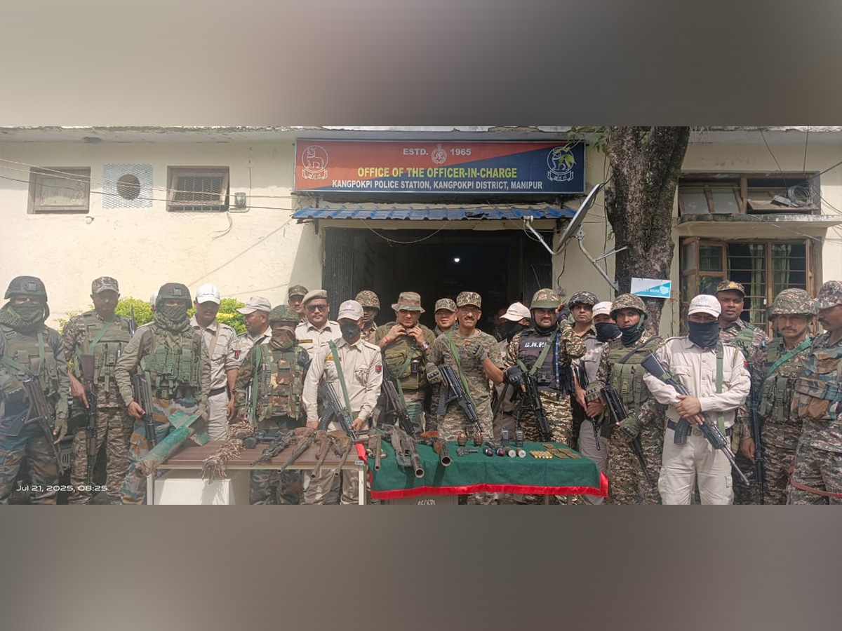 Recovery of arms, ammunition and explosives by Manipur police. (Photo/ANI)