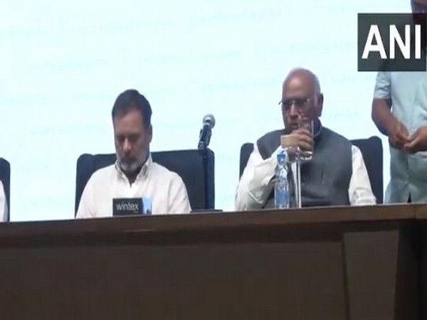 Congress national president Mallikarjun Kharge and Lok Sabha LoP Rahul Gandhi chair a meeting with J&K Congress (Photo/ANI)