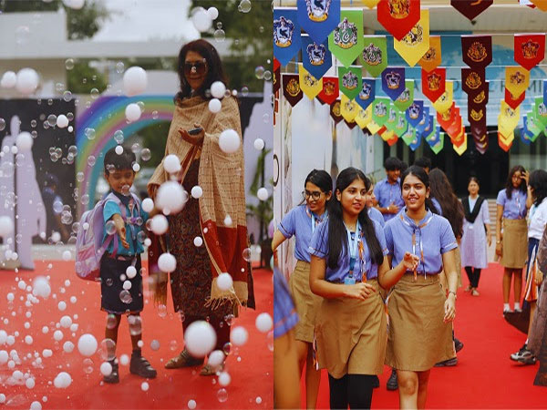 Students walk into a vibrant welcome on their first day back to school, filled with bubbles, banners, and boundless excitement for a new academic journey