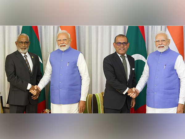 PM Modi meets Maldives Speaker Abdulla (left), former President Nasheed (right) (Photo: ANI/DD)