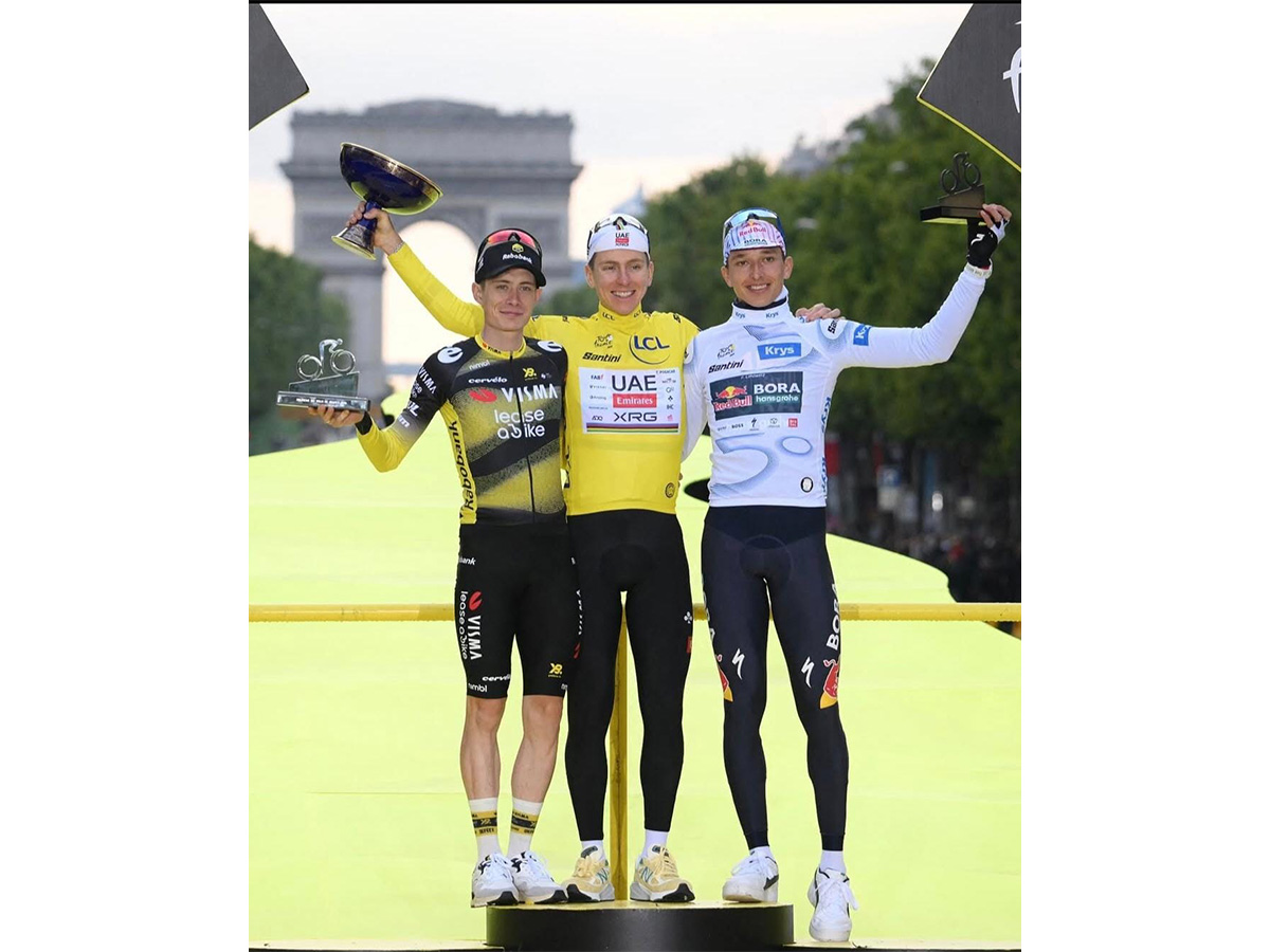 A look at the podium with champion Pogacar in the middle. (Photo- Tour de France/Eurosport)