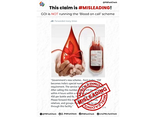 PIB debunks claim of 'Blood on Call' Helpline 104. (Photo credit - x/@PIBFactCheck)