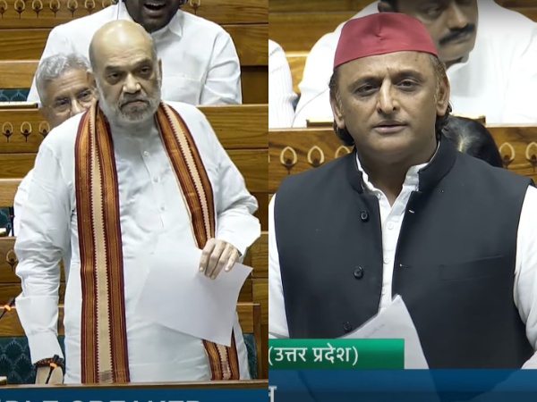 Union Home Miniser Amit Shah (left) and Samajwadi Party president Akhilesh Yadav (Photo/SansadTV)
