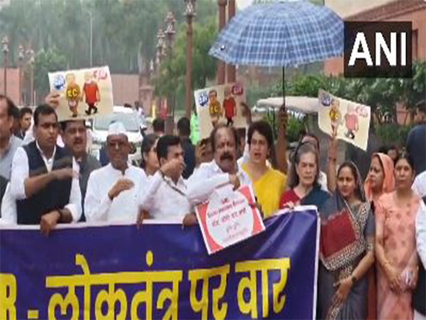 Congress MPs protest at Parliament premises (Photo/ANI)