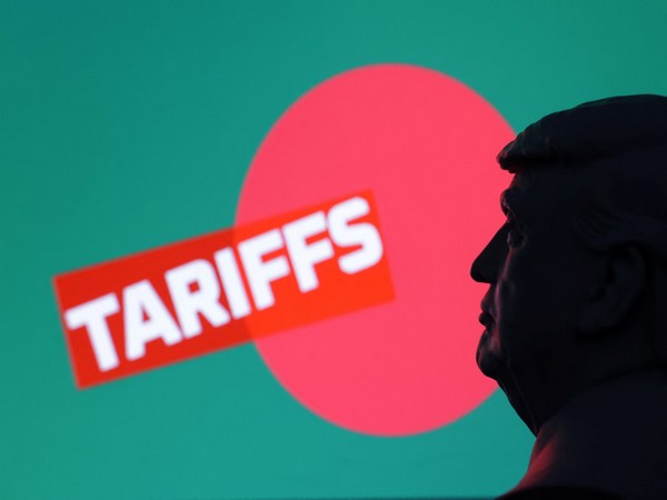 Trump’s silhouette appears against a “TARIFFS” backdrop over Bangladesh flag colors, symbolizing the newly announced 20% rate (Photo/Reuters)