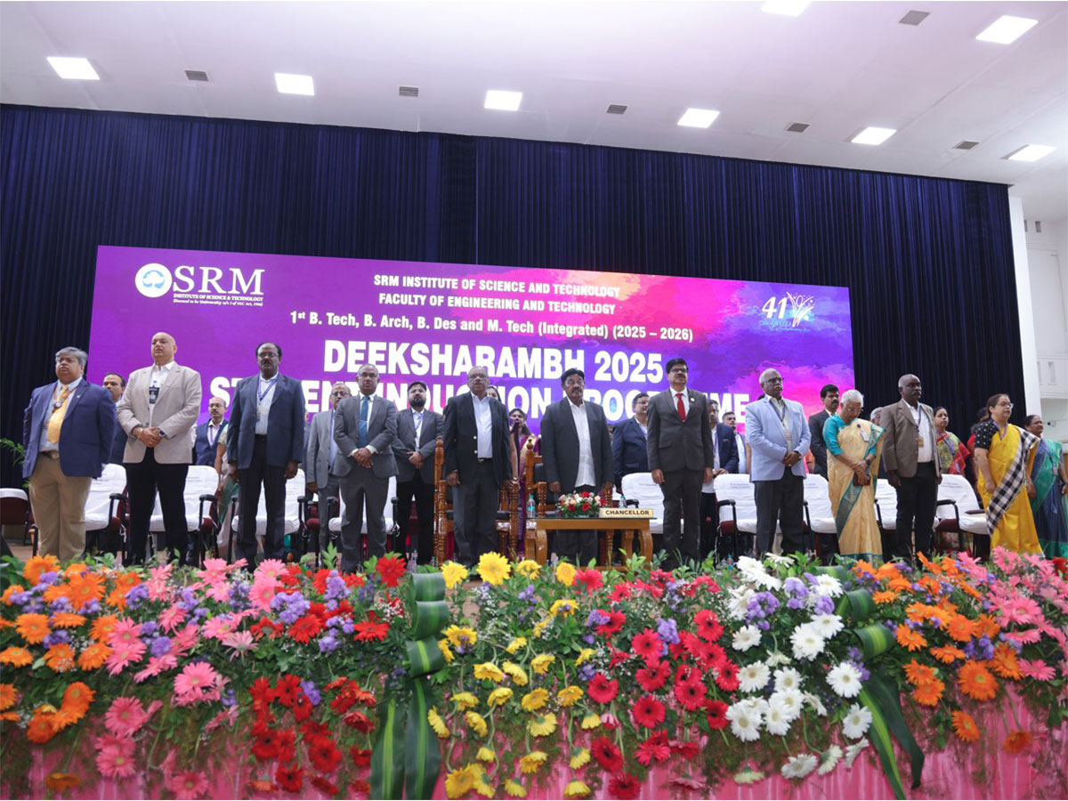 Dignitaries on stage at the SRMIST Induction Ceremony 2025, marking a grand welcome to the new batch of engineering and technology students