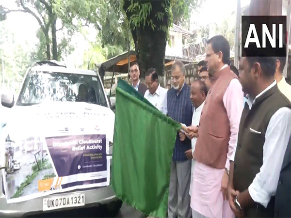 Uttarakhand CM flags off vehicles carrying rehabilitation, relief material for Uttarkashi (Photo/ANI)