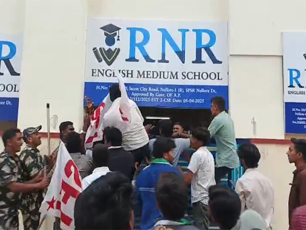 Protests erupt after a student was found hanging in Nellore's RNR College (Photo/ANI)